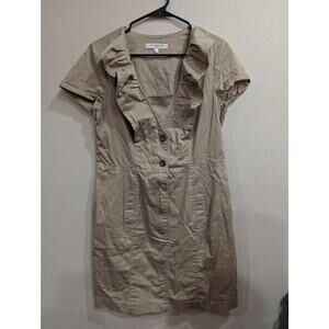 Khaki short sleeve midi bodycon dress & ruffle front detail, Evan Picone, 14